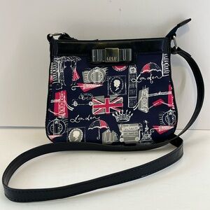 LULU by LuLu Guinness Navy, Pink, White & Gray London Print Crossbody Purse Bag